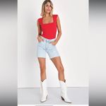 Lulus LULU’S Sweet Crush Red Ribbed Square Neck Bodysuit Red Size Small Photo 1