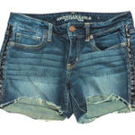 American Eagle Jean Shorts Womens 8 Blue Faded Denim Distressed Hem Braided Side Photo 0