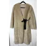 H&M  Cream Beige Faux Fur Suede Lined Coat Black Contrast Waist Tie Size Large Photo 8