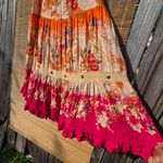 Vintage Y2K 90s Boho Maxi Skirt Tiered Ruffle Floral Macrame Gauzy Rayon India M Orange Size M Photo 4