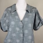 ZARA  Blue Palm Tree Print Button Down Short Sleeve Collared Blouse Shirt Top M Photo 1