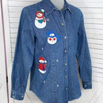 Westbound Snowman Appliqué Embroidered Denim Shirt Blue Medium Button Up Photo 0