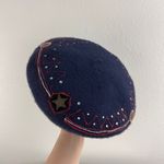 Vintage 90s Handmade Navy Blue Red Wool Star Slouchy French Beret Hat Photo 1