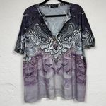 Camisa Purple Paisley Short Sleeve Blouse Womens 2X Henley Shirt Casual Stretch Photo 0