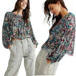 Free People Raisin Combo Floral Mesh Balloon Sleeve Crop Top | Size S Photo 1