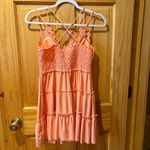 Zenana Outfitters crochet lace cross strap smocked, light peach, ruffle, cami tunic size L Photo 1