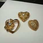 Heart Shape Brooch Pin 1 With Faux Pearl 2 Blue Rhinestone Gold Tone Lot Of 3 Photo 13