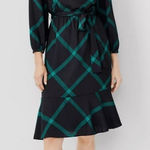 Ann Taylor NWT Black Green Plaid Long Sleeve Midi Dress Size 14 Photo 0