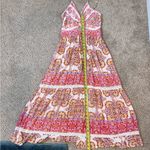 Angie  Boho Paisley Maxi Dress L Twist Front Cutout Tiered Lace Trim Photo 7