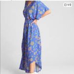 Gap Blue Floral Kimono Style Drape Maxi Dress V Neck Gathered Waist Size Medium Photo 1