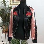 Forever 21  Women Black And Dusty Pink Solid Bomber Jacket Rose Appliqué Y2K Sm Photo 0