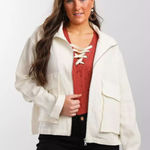 BKE  Cream Woven Mock Neck Jacket Linen Blend Lightweight Zip Adjustable Cuffs S Photo 0
