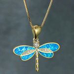 Blue Opal Dragonfly Gold Pendant Necklace Cyrstal - Beautiful Nature, Elegant Photo 3