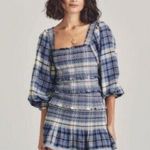 Love Shack Fancy  Stanley Smocked Plaid Dress in Blue Yellow Denim Skies Size Large Photo 0