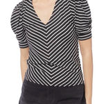frame denim Frame Black and White Striped Top Puffed Short Sleeve V-Neck Casual Stretch EUC Photo 0