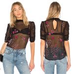 Free People  • So In Love Embroidered Blouse black sheer chiffon pink sequin bead Photo 12