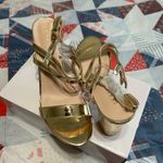 Gold Strappy Block Heel‎ Sandals Size 9.5 Photo 1