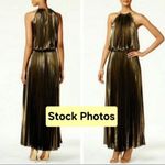 MSK Gold Metallic Pleated Blouson Gown Grecian Long Dress Size 12 NWT Photo 1