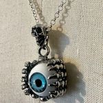 Unisex skeleton blue eye goth silver tone necklace Photo 4