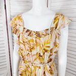 June & Hudson Tropical Print Belted Wide Leg Jumpsuit Pink Yellow Medium Photo 4