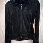 BCBGMAXAZRIA BCBG Velour Zip Up Hoodie Black Gothic Script Logo Women's Size Medium Photo 0