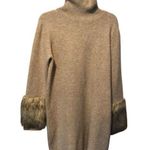 Boston Proper Tan Knit Pullover Turtleneck Dress with faux fur sleeve ends Sz L Photo 0