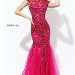 Sherri Hill Deep Raspberry Pink Beaded Tulle Skirt Mermaid Gown- Dress 2 Photo 2