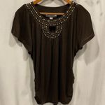 French Laundry Y2k chocolate brown flowy keyhole studded ruched sides bling bling top Photo 3