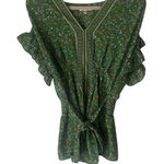 Max Studio  Size Medium Kelly‎ Green Bohemian Peasant Floral Ruffle Tie Top Photo 0