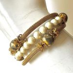 Faux pearl gold tone mesh beaded wrap bracelet Gold Photo 2