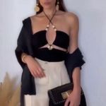 ZARA Black Ribbed Cut Out Crop Top With Beads Photo 2