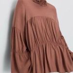 ZARA Ruffle Mocked Neck Bell Sleeve Oversized Flowy Tiered Trapeze Blouse M Photo 0