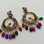 None Vintage Peacock Gold Pearl Mutli-colored Crystal and Beads Chandelier Earrings Photo 1