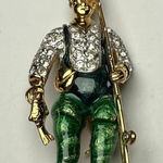 Fisherman Rhinestone Brooch Pin Gold Tone Man Fishing Green Enamel Overalls Photo 0