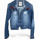 Mudd Women's Blue Denim Trucker Jacket Navajo Blanket Shoulders size Small Photo 0