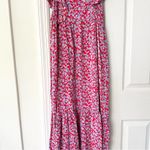 ZARA  Red Blue Floral Ruffle Shoulder Crepe Midi Tunic Prairie Dress Medium Photo 7