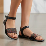 Sesto Meucci Beaded Black Flat Sandals with ankle strap made in Italy, size 7.5 Photo 0