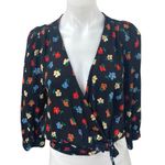 Madewell  Women's Black Floral Print Long Puff Sleeve V-neck Wrap Blouse Top Sz M Photo 0