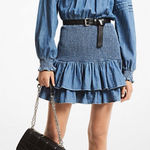 Michael Kors  Cotton Chambray Smocked Dress Blue Denim Ruffled Long Sleeve Sz XS Photo 0