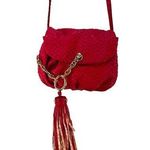 Henri Bendel Small Drawstring Bucket Crossbody Tassel Fish Leather Emboss Pink Photo 0