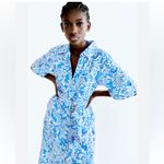 ZARA  Blue and White linen blend midi printed shirt dress belted Photo 2