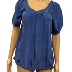 Cynthia Steffe Silk Luxury Blue Short Puff Sleeve Blouse Laced Tie Neck size XS Photo 0
