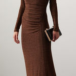 Significant Other Liliana Brown Bronze Metallic Long Sleeve Draped Column Gown 2 Photo 0