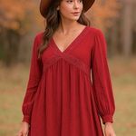 Suzanne Betro Boho Lace Trim Dress Red Textured Long Sleeve Size Large Photo 0