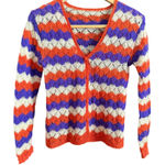 Handmade Vintage Hand Knit Orange, Cream, Purple Mohair Open Knit Cardigan Size Small Photo 0