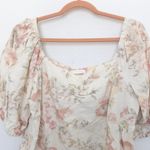 H&M Womens Top Size M Beige Pink Linen Floral Puff Sleeve Cottage Milkmaid Coquette Photo 2