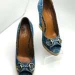 Gucci  CLASSIC BLUE DENIM MONOGRAM HORSEBIT ESPADRILLE WEDGES 37 Photo 13