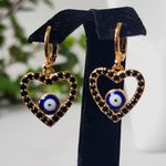 Gold Filled Black Zirconia Heart Evil Eye Huggie Earrings Photo 1