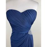 XScape Elegant Navy Blue Strapless Ruched Gown Embellished Waist Long Formal Evening Photo 8