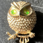 VTG 70s Owl Pin Brooch SARAH COVENTRY Gold Neon Green Rhinestones Bird Signed Photo 0